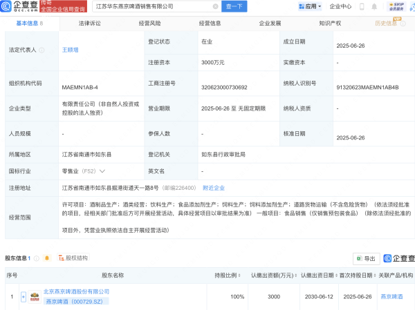 宏图优配  燕京啤酒在江苏投资新设销售公司